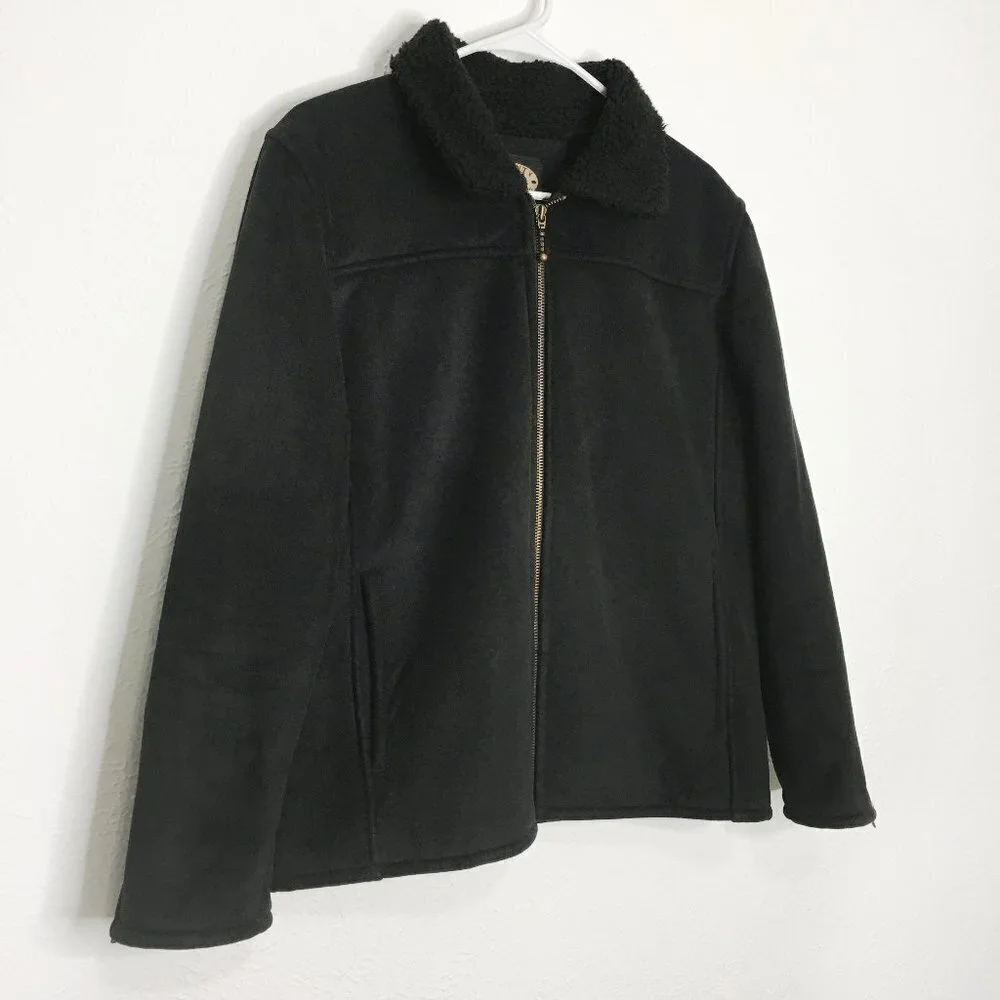 COUNTY CLOTHING CO. Faux Suede Sherpa Lined Zip Up Shearling Jacket Black MEDIUM - Picture 1 of 12